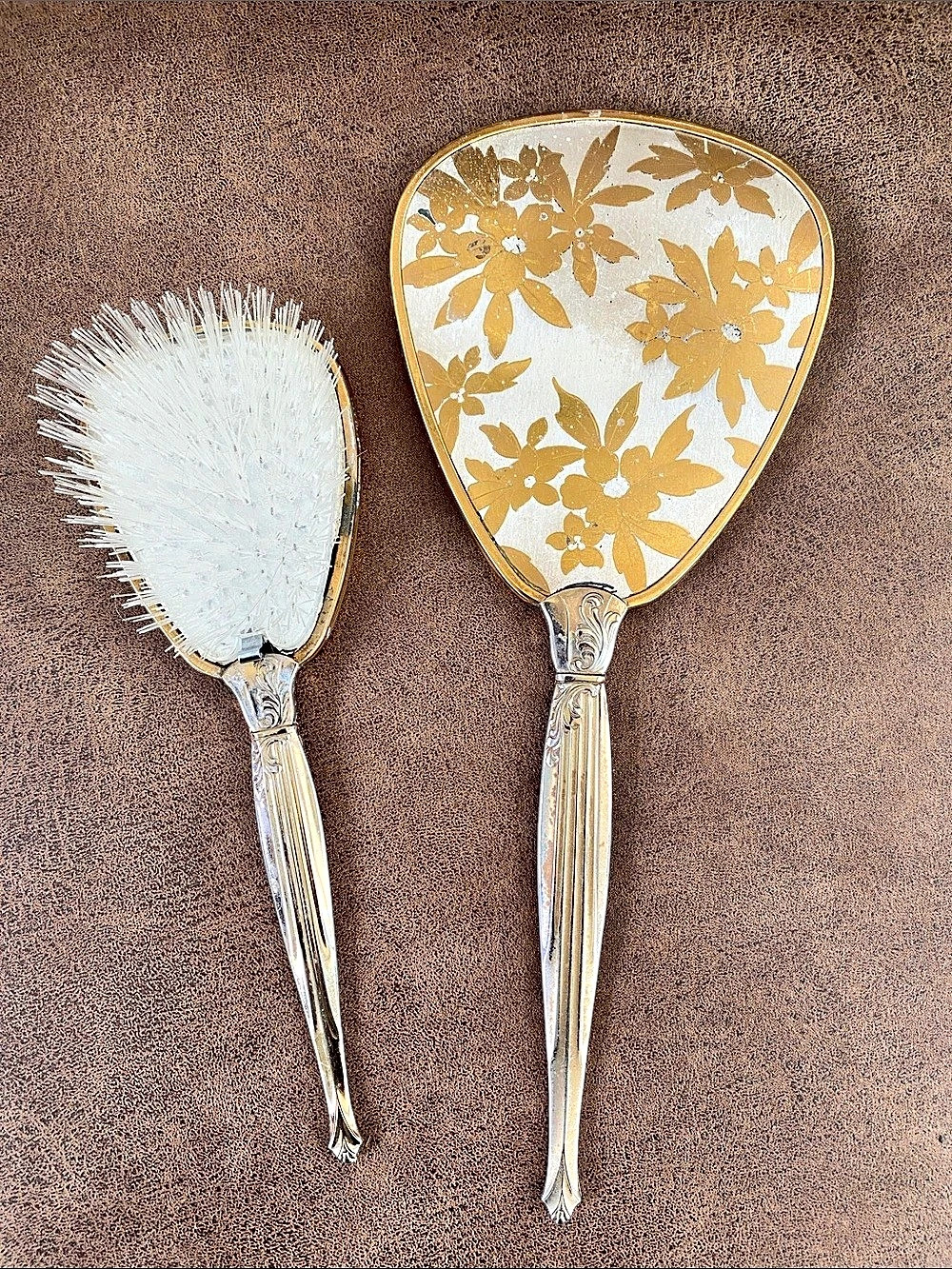 Vintage 1950’s-60’s Floral Hand Mirror & Hairbrush Set